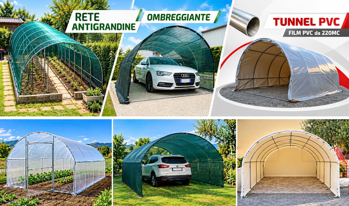 Tunnel serra con rete antigrandine e telo ombreggiante, coperture in PVC